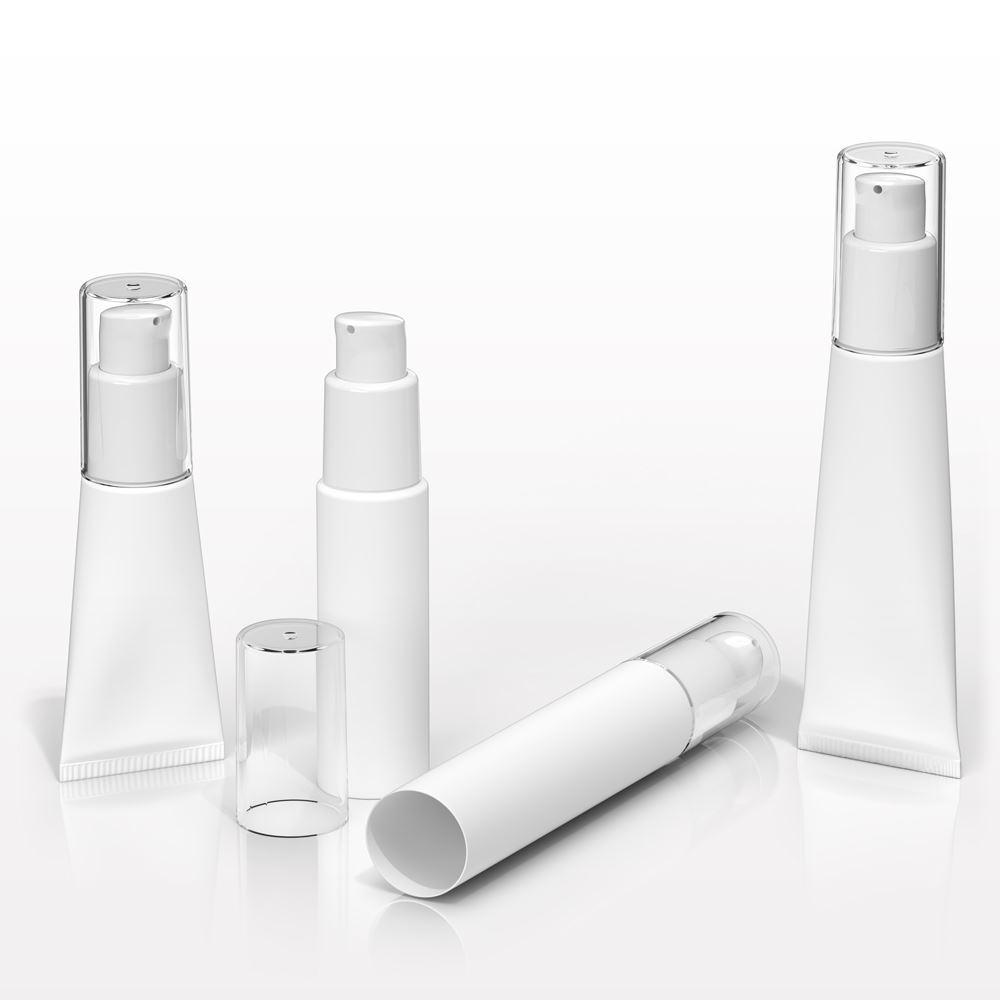 Open-Ended Tube with Airless Lotion Pump, White and Overcap, Clear